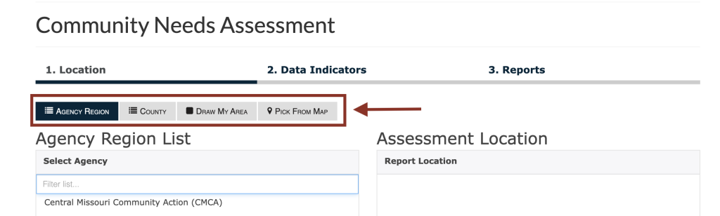 Step 1 of the assessment tool. The picture shows a screenshot of the location selection function. Users can select a geography in the top-level tabs first, then select a more specific geography from the list. This location will be used to create the report. 