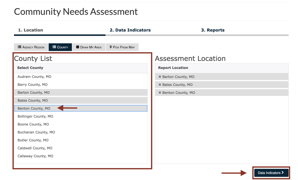 Step 2 of the assessment tool. The picture shows a screenshot of the location selection function. Users can select a more specific geography from the list after they select a top-level geography from the tabs. The screenshot shows to click the "Data Indicators" button at the bottom right of the screen to move to the next step. 