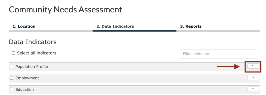 Step 3.1 of the assessment tool. The picture shows a screenshot of the data indicators selection function. Users can click the carets located on the left side of the tool to open the data categories, view available indicators, and select indicators for the report. 