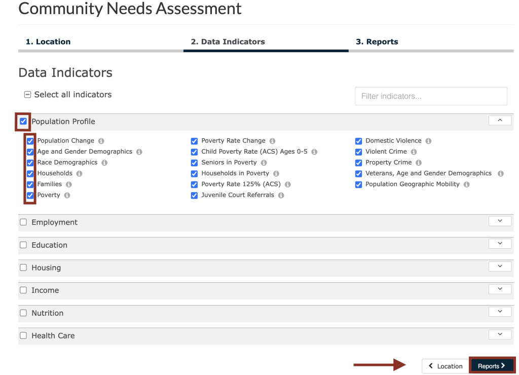 Step 3.2 of the assessment tool. The picture shows a screenshot of the data indicators selection function. Users can click the check box to the left of an indicator name to add it to the report. Users can click the check box to the left of the category name to add an entire category of indicators to the report. The screenshot shows to click the "Reports" button at the bottom right of the screen to move to the next step. 