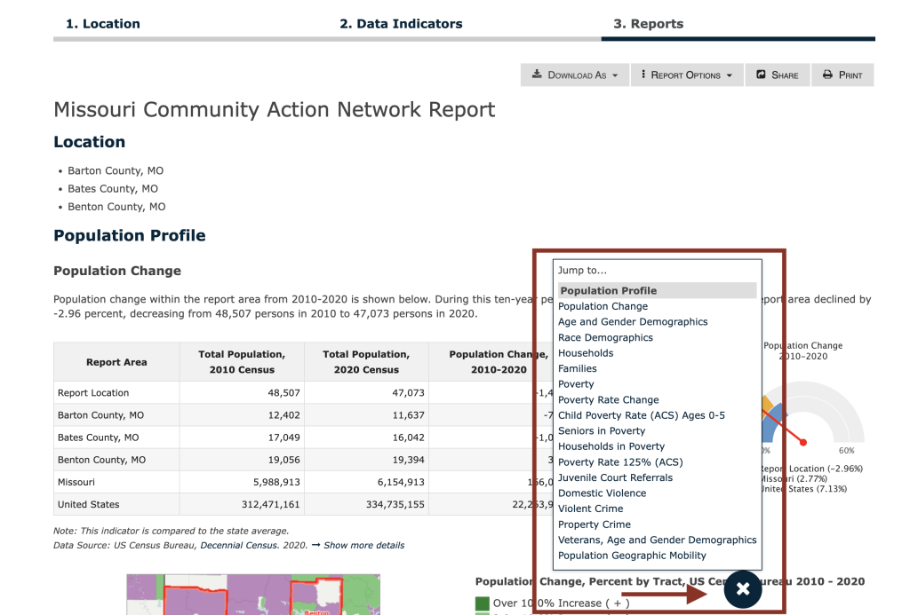 Step 4 of the assessment tool. The picture shows a screenshot of the report and the floating report menu. Users can jump between indicators by clicking an indicator name in the floating menu at the bottom right of the screen. Users can close the floating menu by clicking the round button with the "X" located at the bottom right of the screen. 