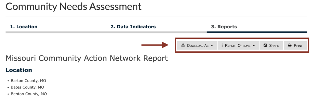 Step 5 of the assessment tool. The picture shows a screenshot of the report functions menu at the top right of the report screen. The first button allows users to download the report as a PDF, Word document, or Excel file. The second button allows users to turn Report Options on and off. The third button allows users to get a shortlink to share the report with others. The fourth button allows users to print the report. The fifth and final button allows users to save the report to the users profile. 