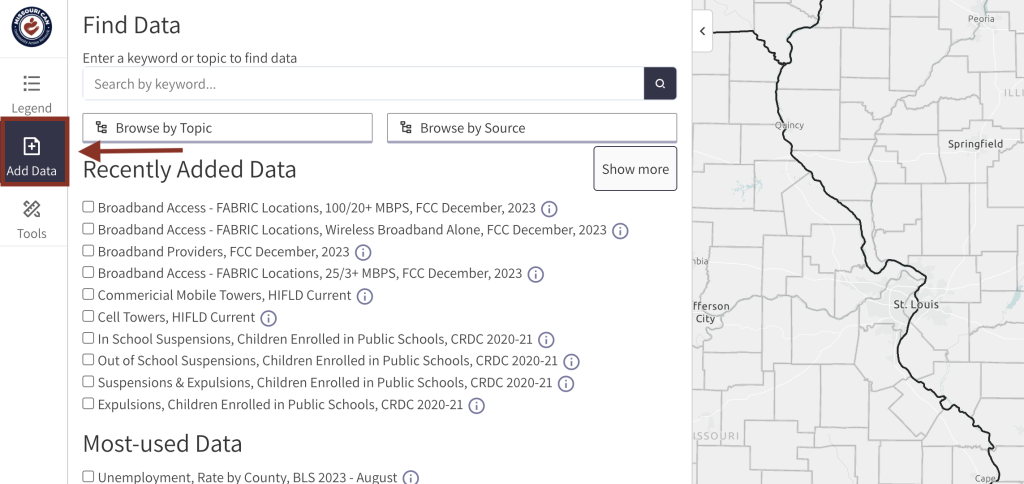 Step 1 of the map room. The picture shows a screenshot of the add data function. Users can click the Add Data button in the left menu to open the search data menu. 