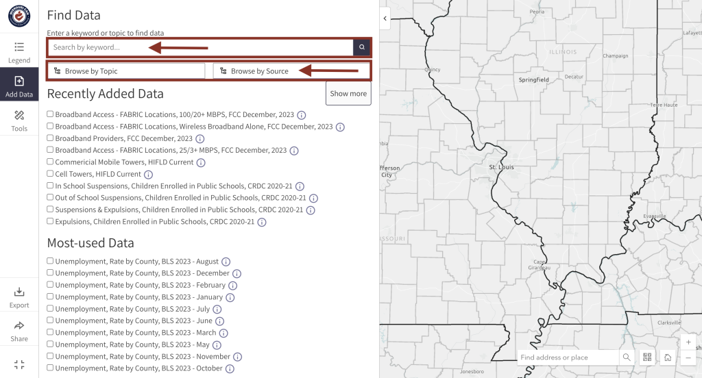 Step 1.1 of the map room. The picture shows a screenshot of the search data window. Users can use keywords to search for map layers or use the "Browse by Topic" and "Browse by Source" buttons to search by topic and source. 