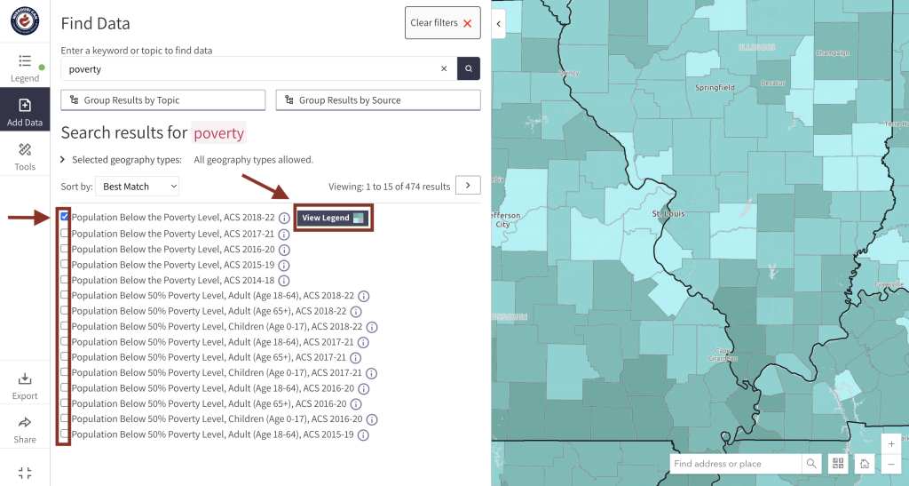 Step 2 of the map room. The picture shows a screenshot of the search data window. Users can click the check box to the left of a layer name to add it to the map. Users can click the "View Legend" button to view the map legend and exit the search data window. 