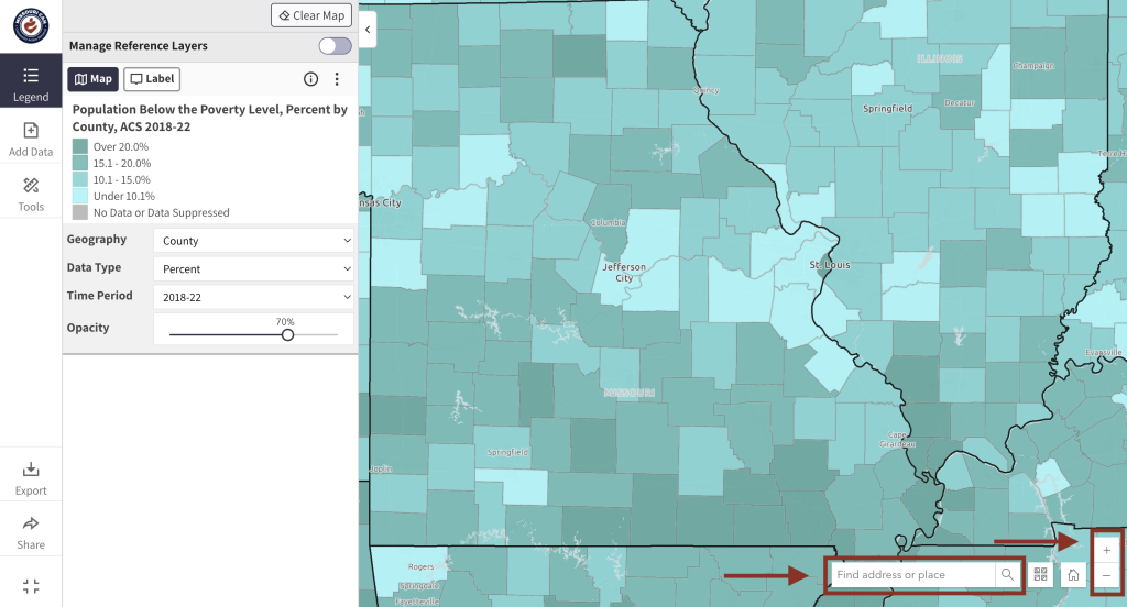 Step 3 of the map room. The picture shows a screenshot of the map room calling out the location search bar and plus and minus buttons at the bottom right of the map room. Users can type in a county, city, or address in the location search bar to zoom in. Users can also use the plus and minus buttons to zoom in and out. 