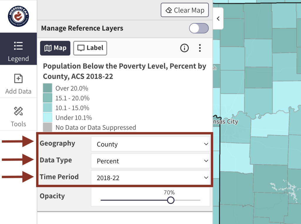 Step 4.1 of the map room. The picture shows an expanded view of the legend in the map room. The drop down menus below to the legend can be used to change the geographic extent of the data on the map, to change the data type from percent to total, or to change time periods (where available). 