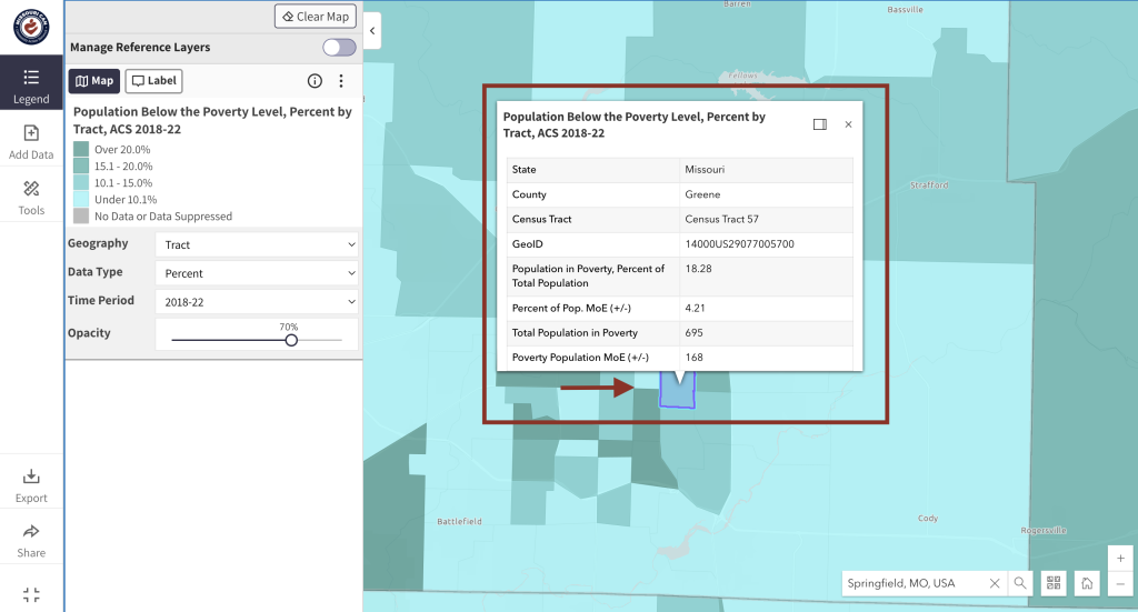 Step 5 of the map room. The picture shows a screenshot of an informational pop up in the map room. Users can click on any location on the map to activate an informational pop up. To close the pop up, click the x in the top right corner of the pop up window. 