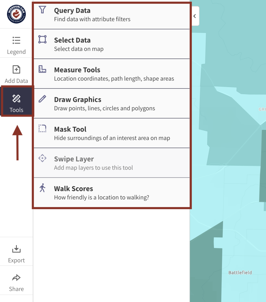 Step 5.1 of the map room. The picture shows a screenshot of the Tools menu. Users can activate the tools menu by clicking the "Tools" button in the left menu. Users can click on any of the available tools to use it or learn more. 