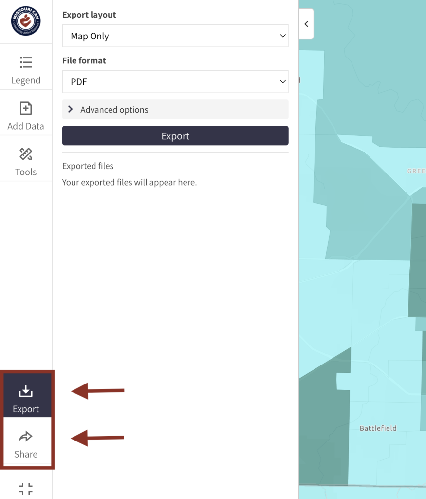 Step 6 of the map room. The picture shows a screenshot of the Export menu. Users can export and share maps by clicking the "Export" and "Share" buttons at the bottom of the left menu. Users can export maps in a variety of sizes and formats. Users can share maps via a shortlink or on social media using the "Share" button. 